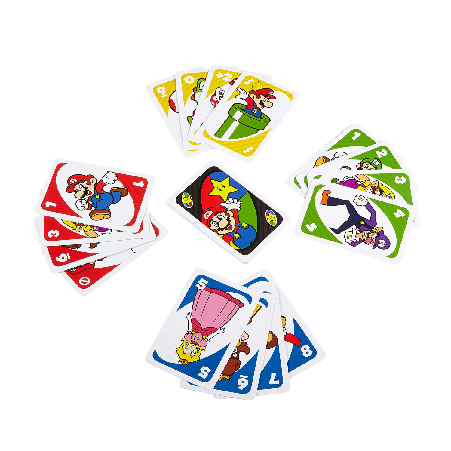 Gioco di carte Uno a tema Mario. Diverse carte sono sparse. Con Mario e altri personaggi.
