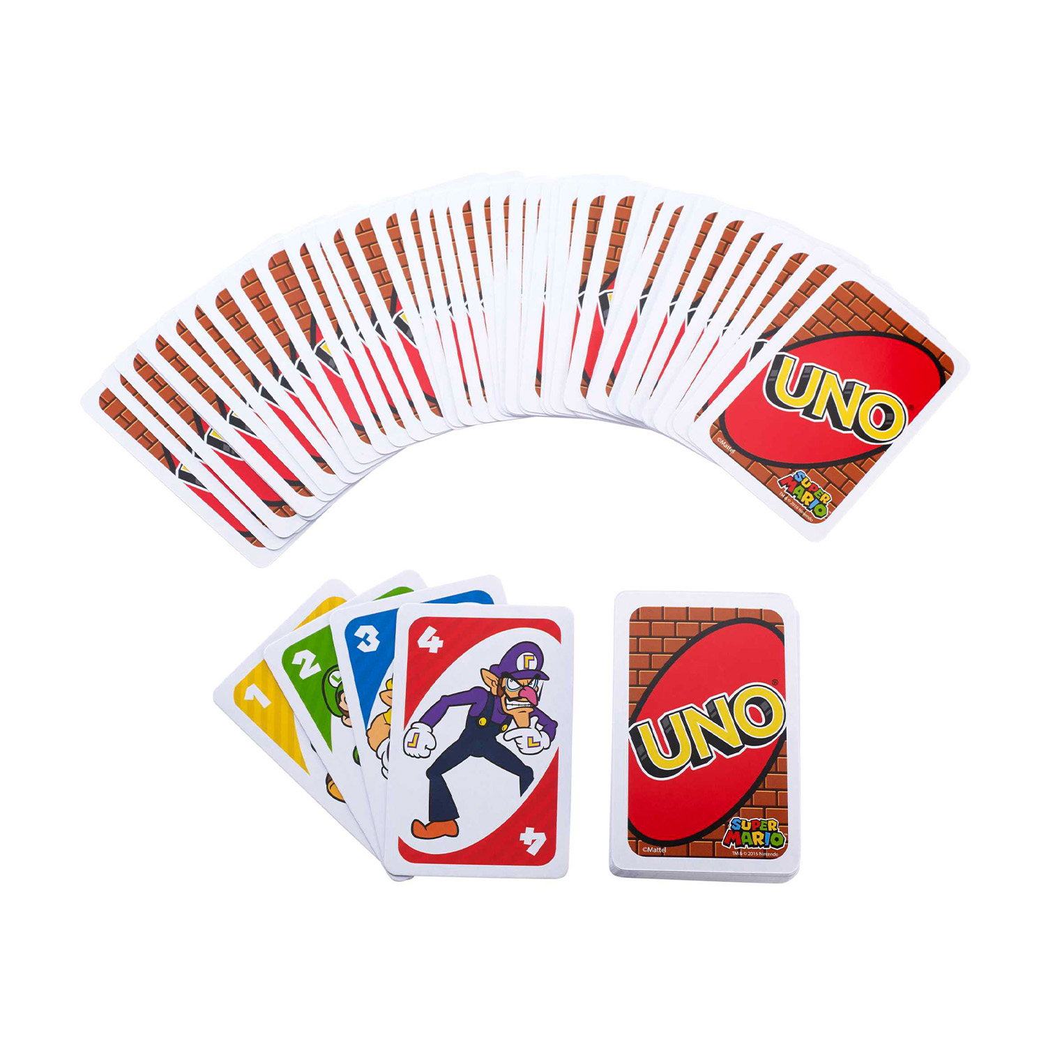 Gioco di carte UNO. Le carte sono sparse. Alcune carte visibili in primo piano.