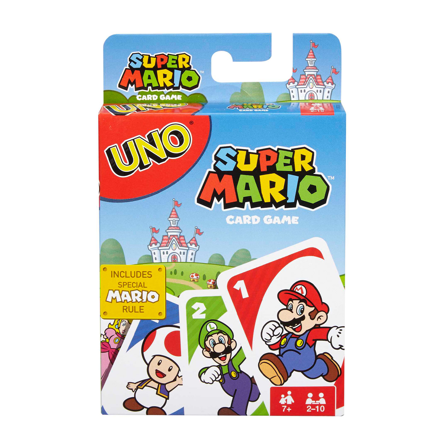 Scatola del gioco di carte Super Mario Uno. Illustrazioni di Mario, Luigi e Toad con sfondo castello.