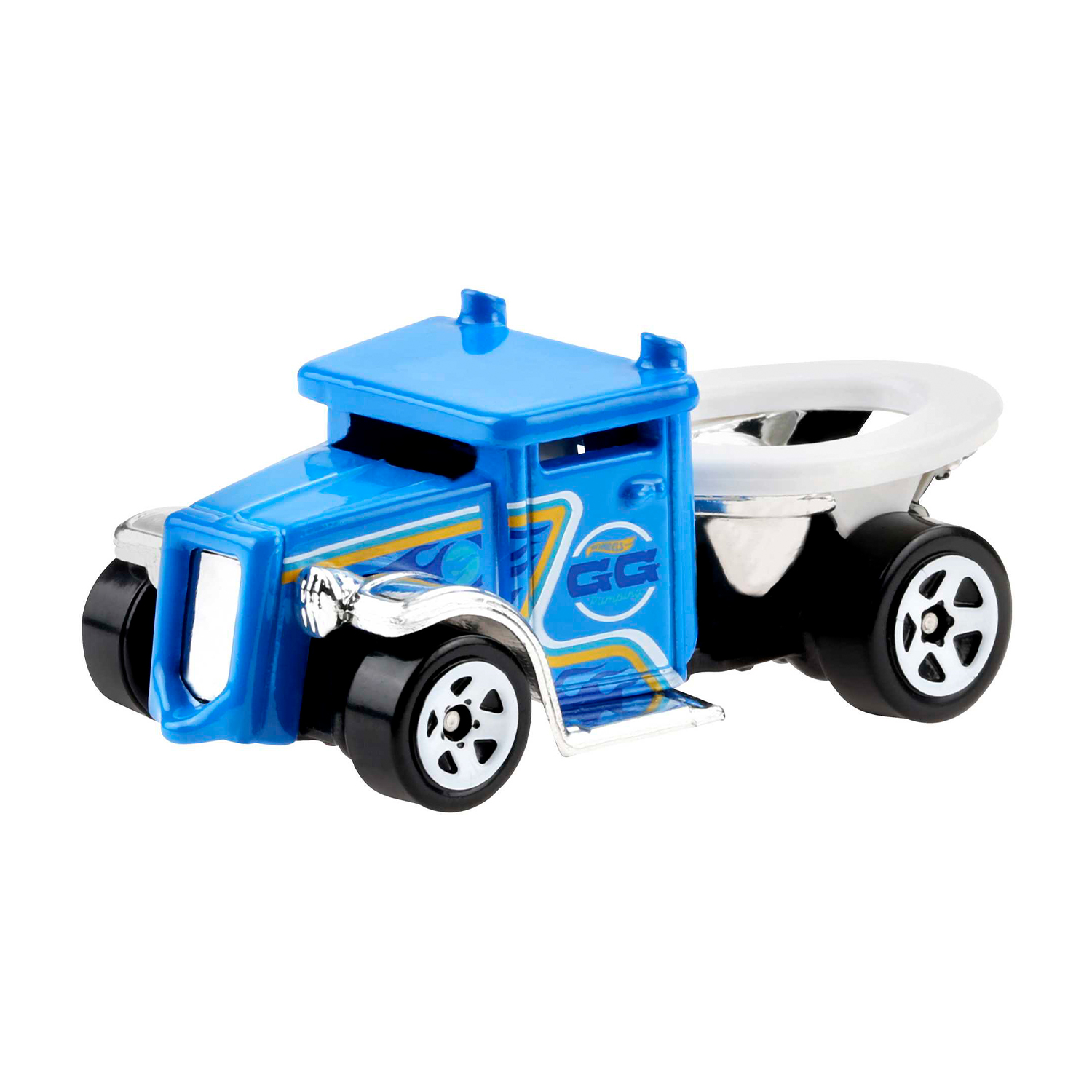 Autocarro giocattolo blu e argento, ruote bianche, pneumatici neri. Ha cabina blu e cassone bianco.