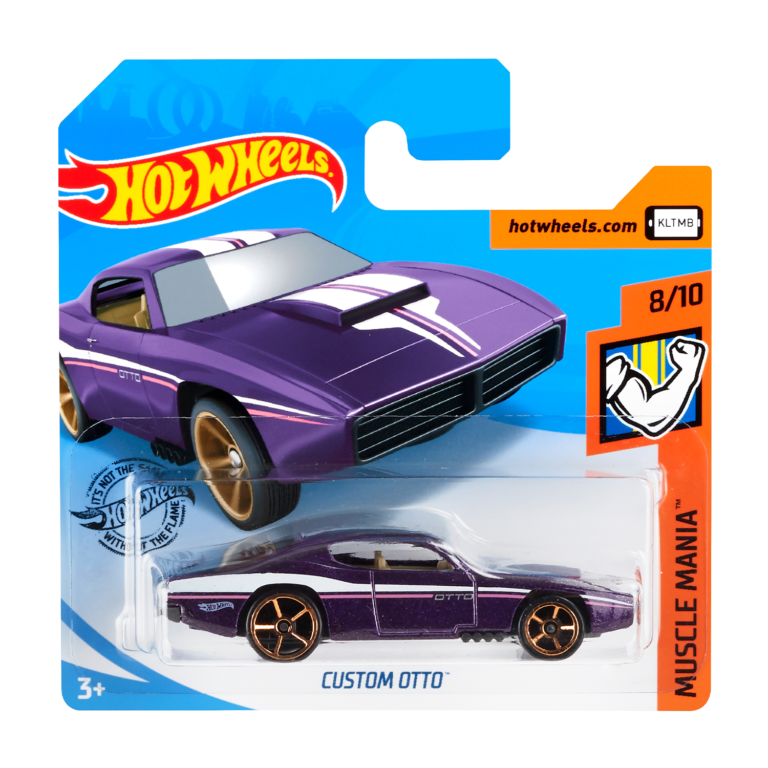 Auto Hot Wheels in viola e bianco. Confezionata in una carta blu e arancione. Sfondo.