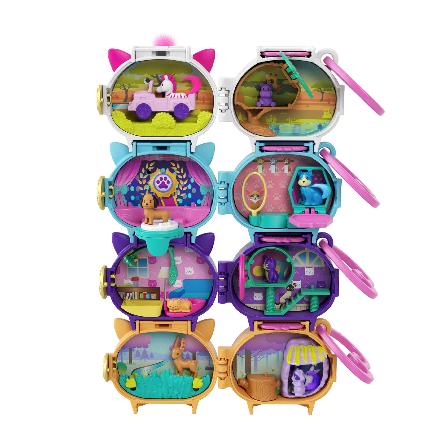Set di giocattoli multi-scomparto, ognuno con diverse scene e personaggi in miniatura.