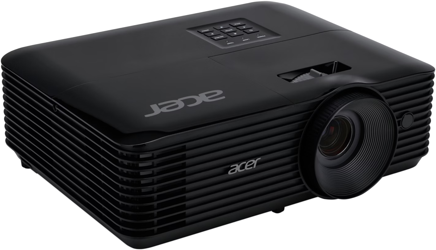 Fekete Acer projektor. Az objektív és a szellőzők elölnézete. Acer logó látható.
