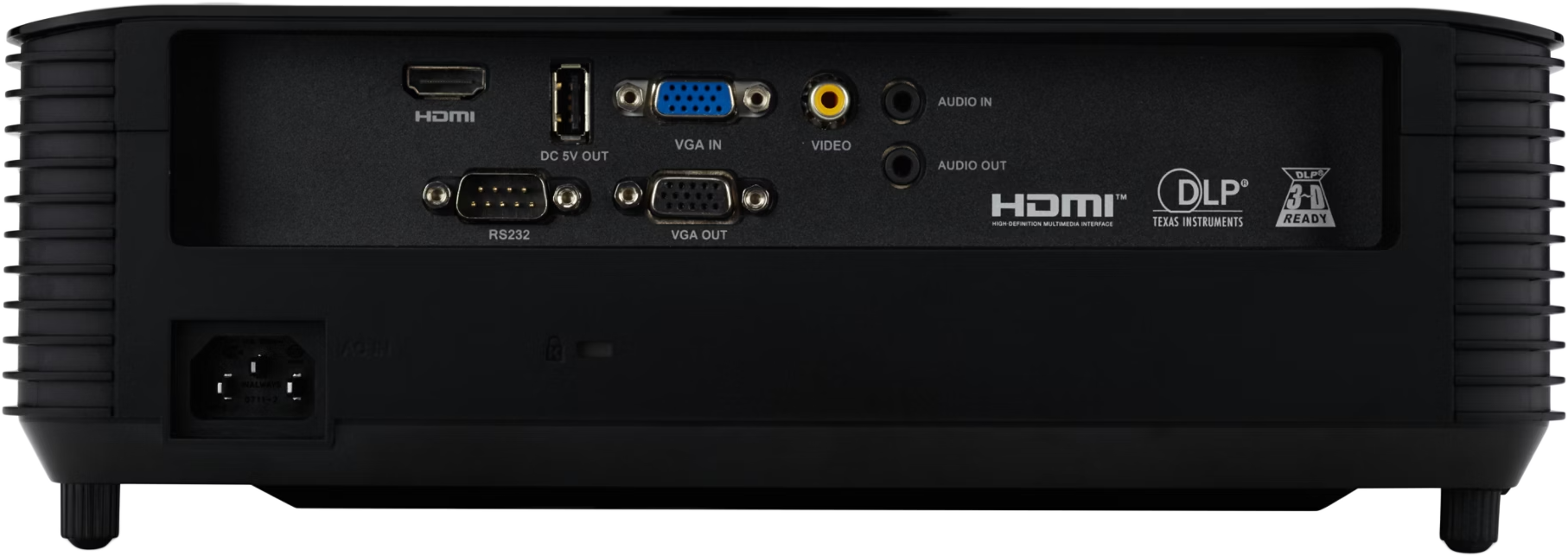 Egy fekete projektor hátulja, különböző csatlakozókkal: HDMI, USB, VGA, audio.