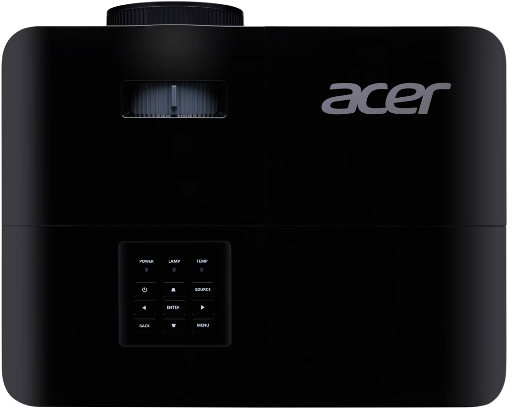 Fekete Acer projektor vezérlőgombokkal alul. Az Acer logó a jobb felső sarokban található.