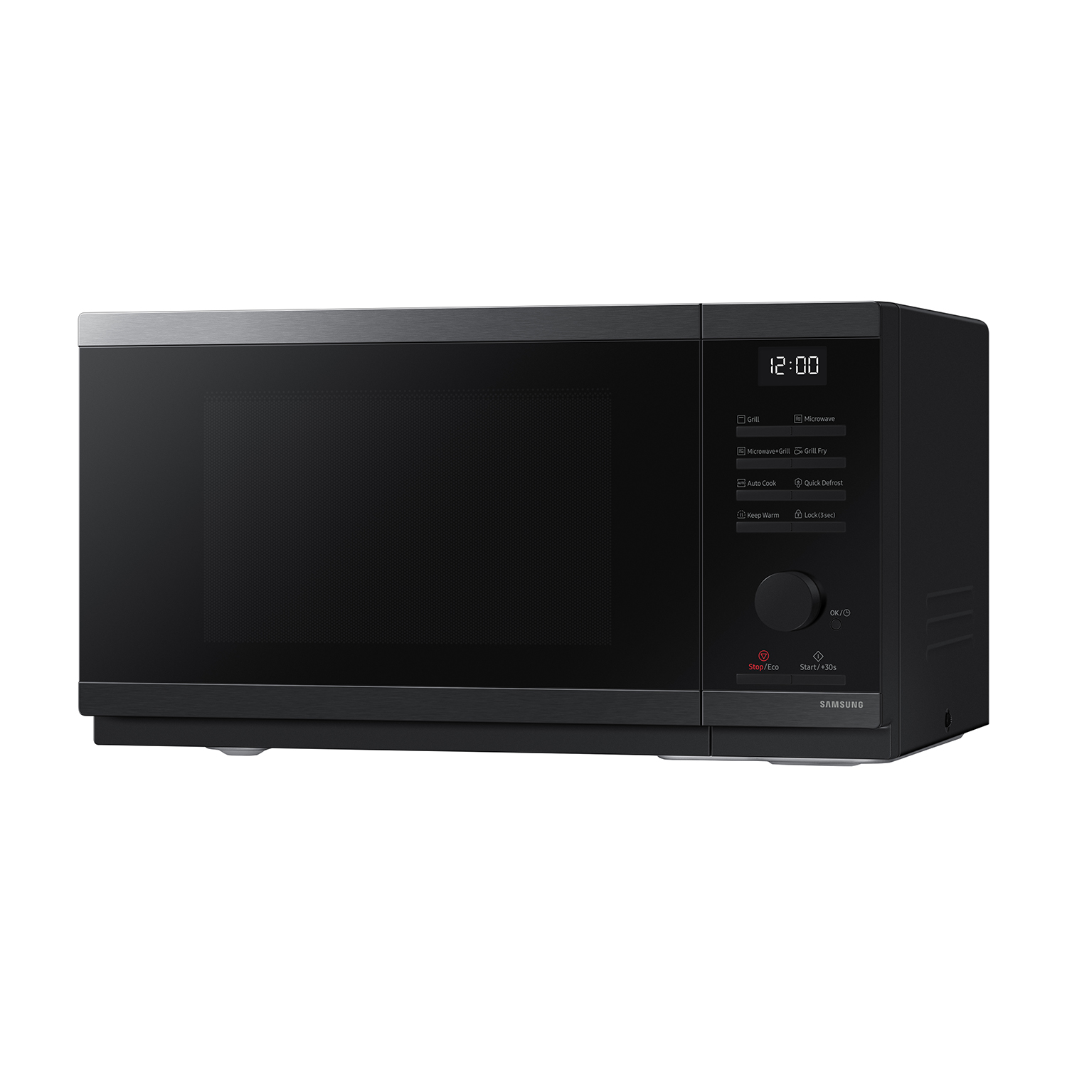 Forno a microonde Samsung nero con display digitale e pulsanti di controllo.