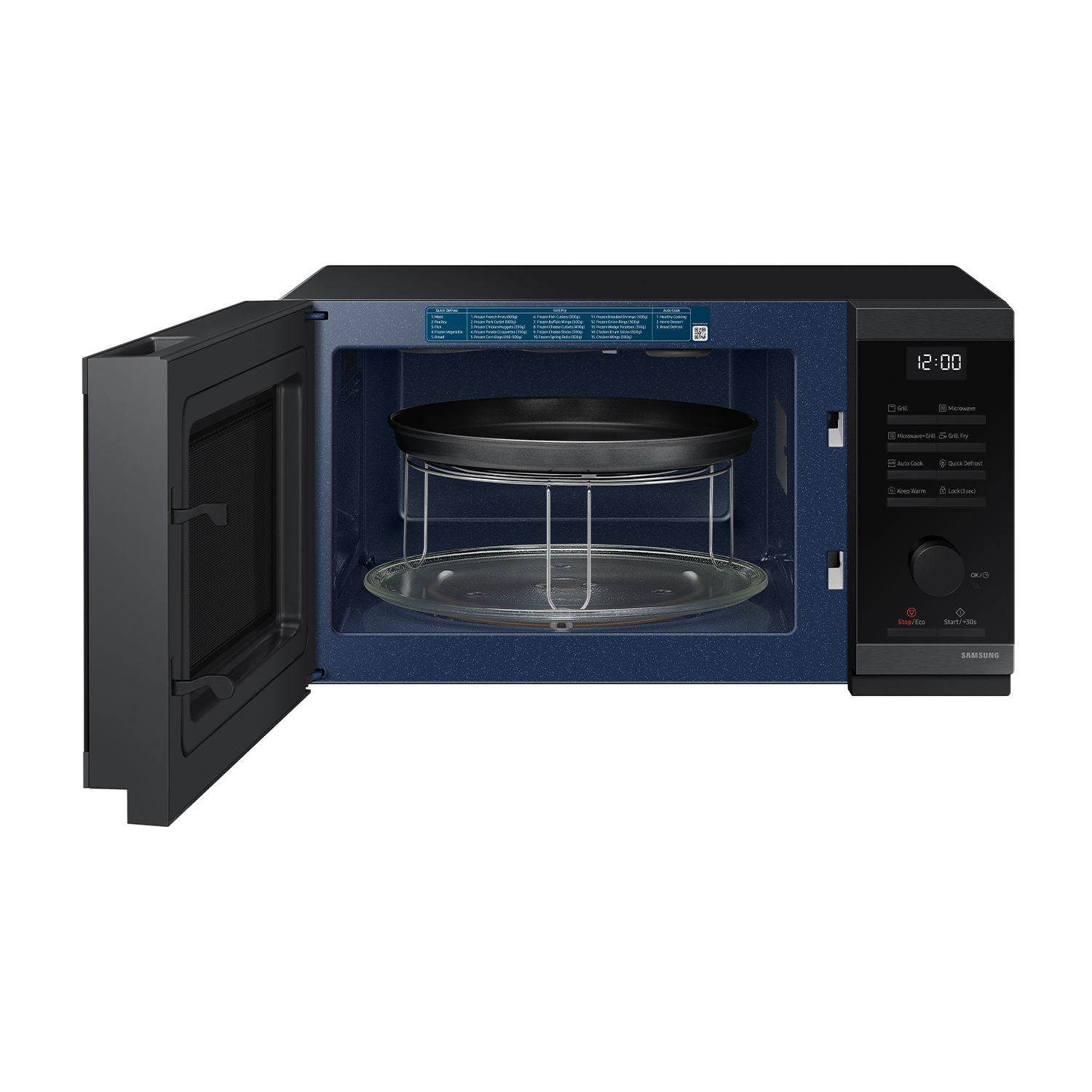 Un forno a microonde Samsung, aperto per mostrare l'interno, su sfondo bianco.