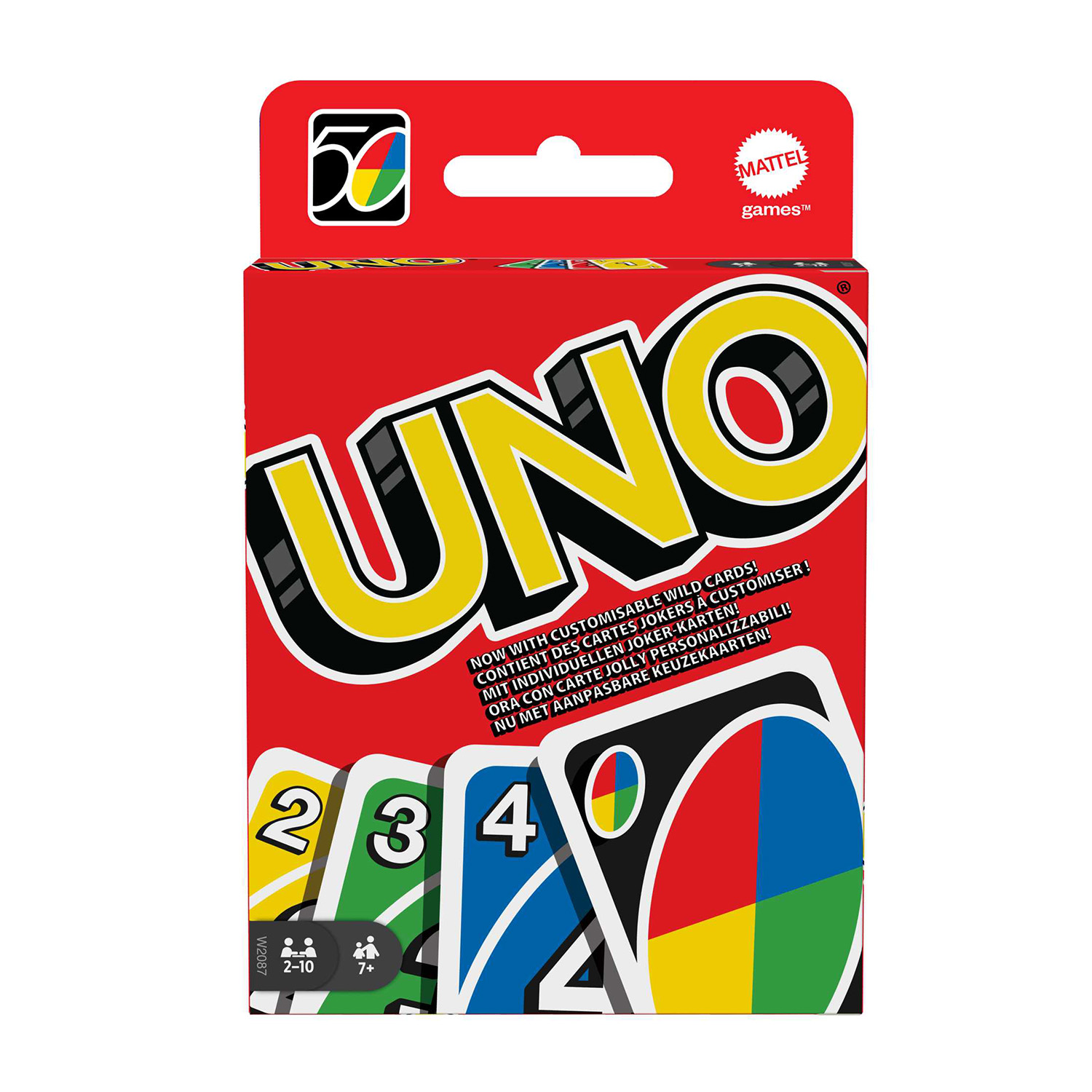 Una scatola rossa del gioco di carte UNO con carte. La scatola mostra il nome del gioco e il numero di giocatori.