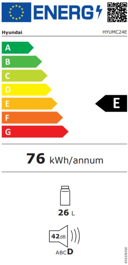 Energia címke Hyundai hűtőszekrényhez, E energiaosztály, energiafogyasztási részletekkel.