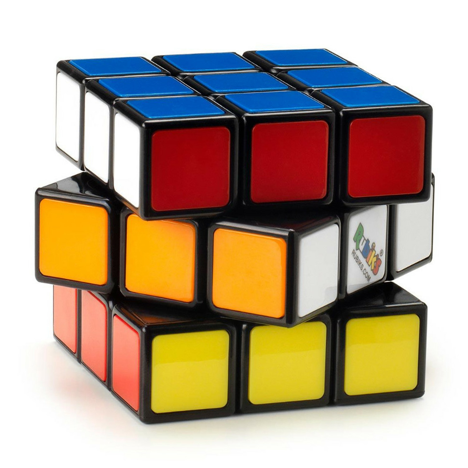 Un Cubo di Rubik, ogni lato composto da quadrati colorati, bordi neri, sfondo bianco.