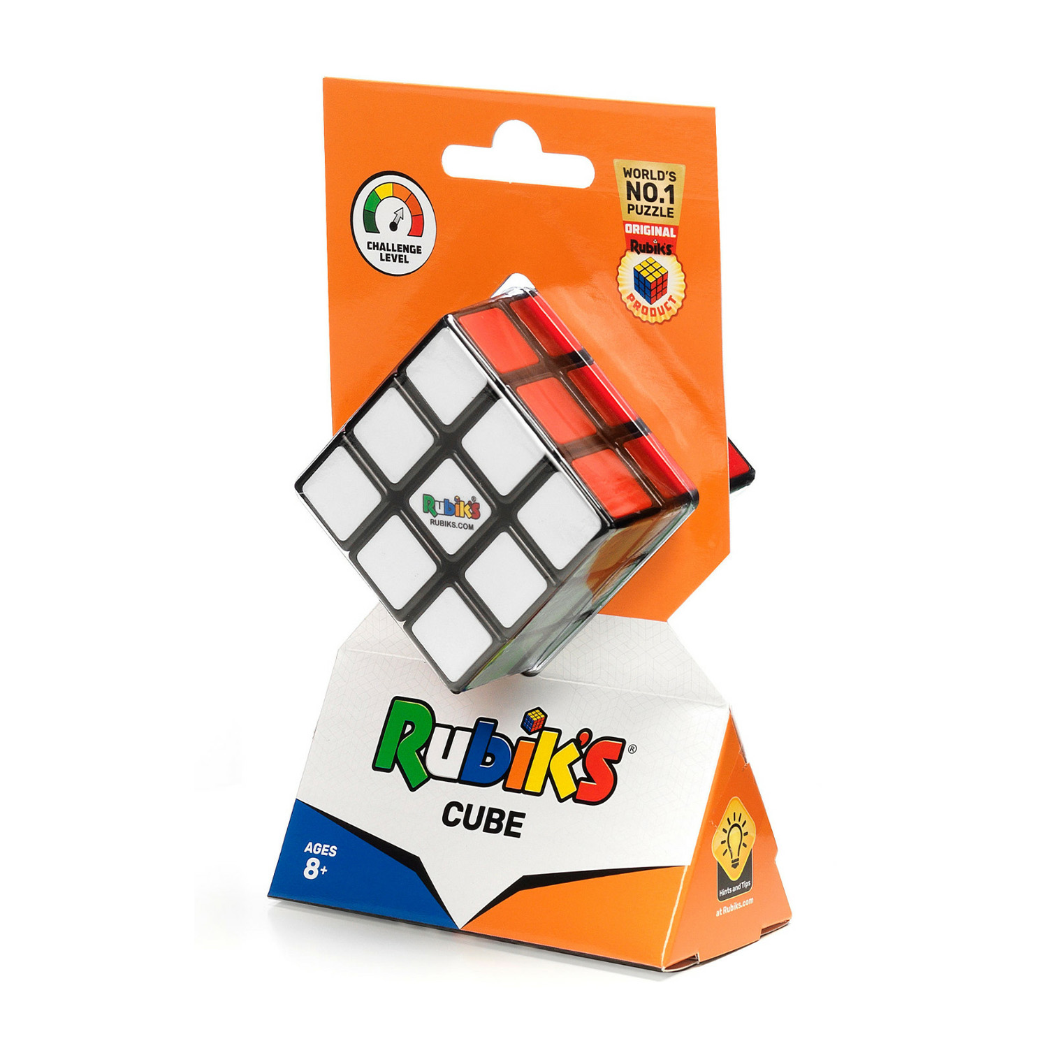 Un cubo di Rubik nella sua confezione arancione e bianca su sfondo bianco.