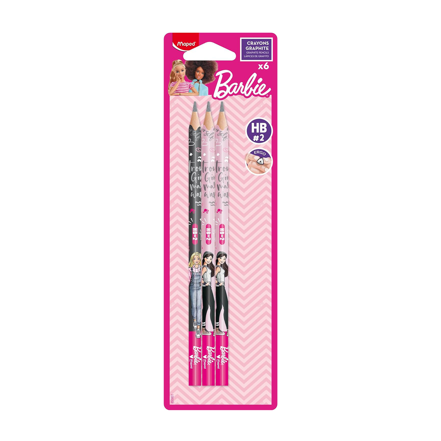 Matite Barbie rosa. Sei matite in una confezione. Barbie e logo visibili. Matite HB#2 con impugnatura ergonomica.