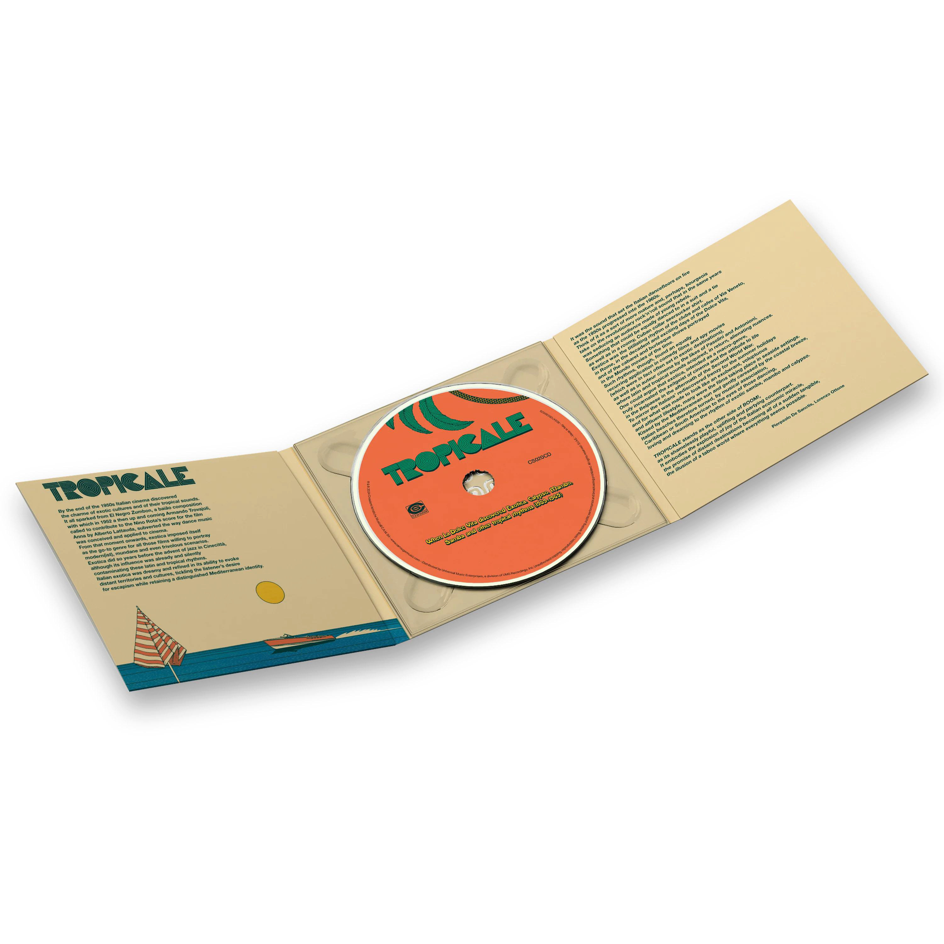 Geöffnete CD-Hülle mit CD, beschriftet 'Tropicale', auf weißem Hintergrund.