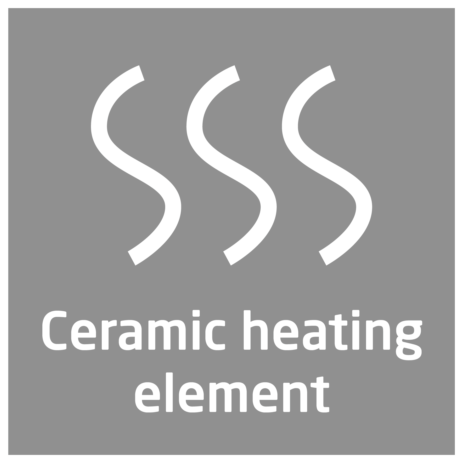 Graues Quadrat mit Text 'Ceramic heating element' und drei Wellenlinien.