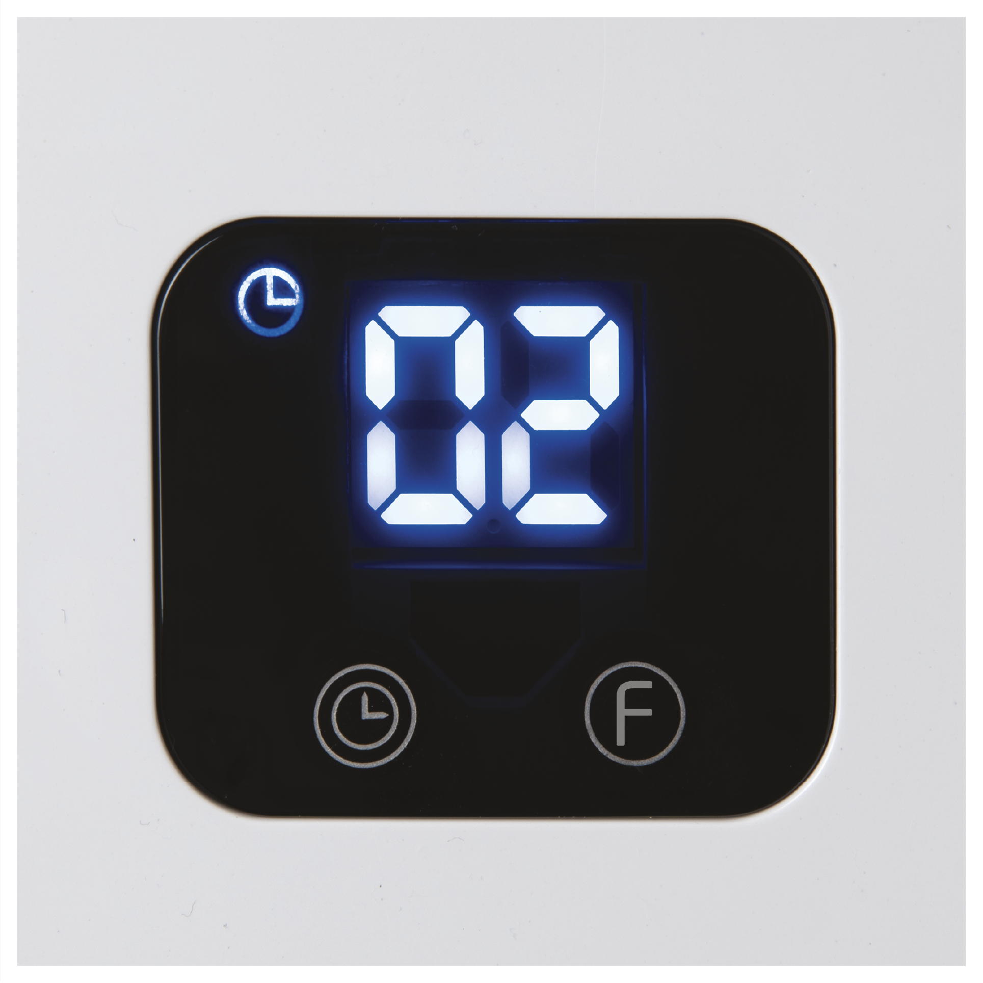 Digitalanzeige zeigt "02". Symbole für Timer und Temperatur sind vorhanden.
