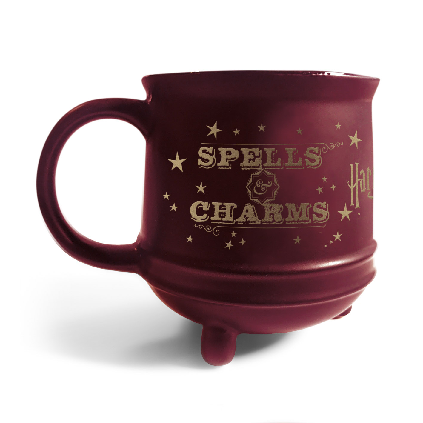 Ein weinroter Becher mit den Worten 'Spells & Charms' und Sternen darauf.