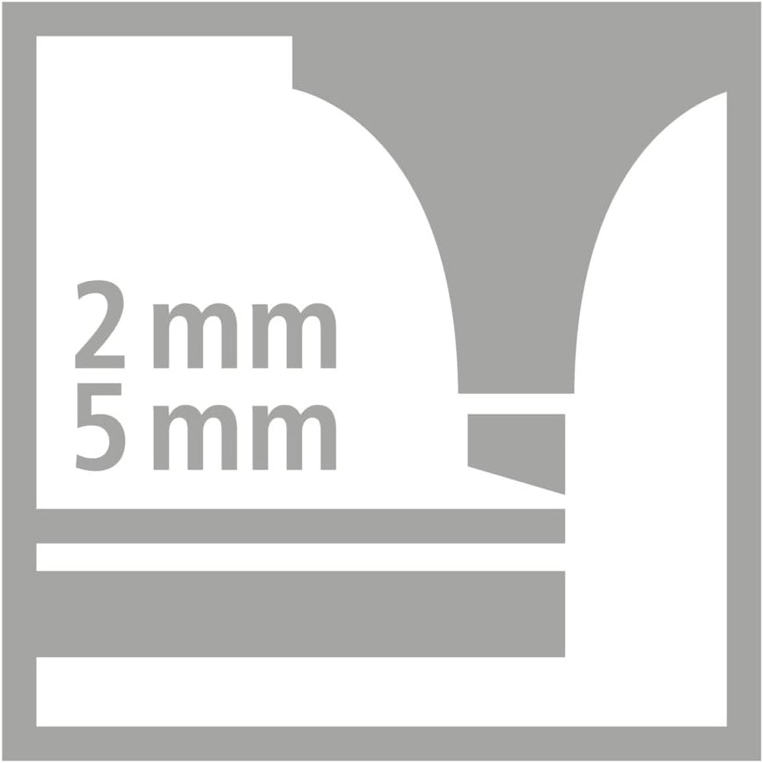 Icona quadrata grigia con testo 2mm e 5mm e una forma stilizzata all'interno.