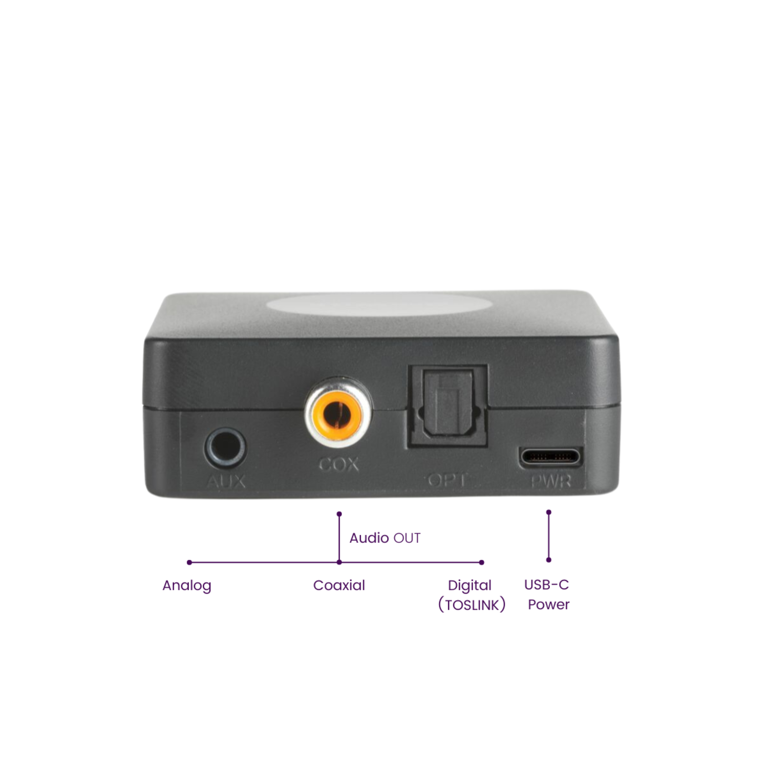Zwart audio-apparaat met meerdere poorten: AUX, COAX, OPT en PWR.