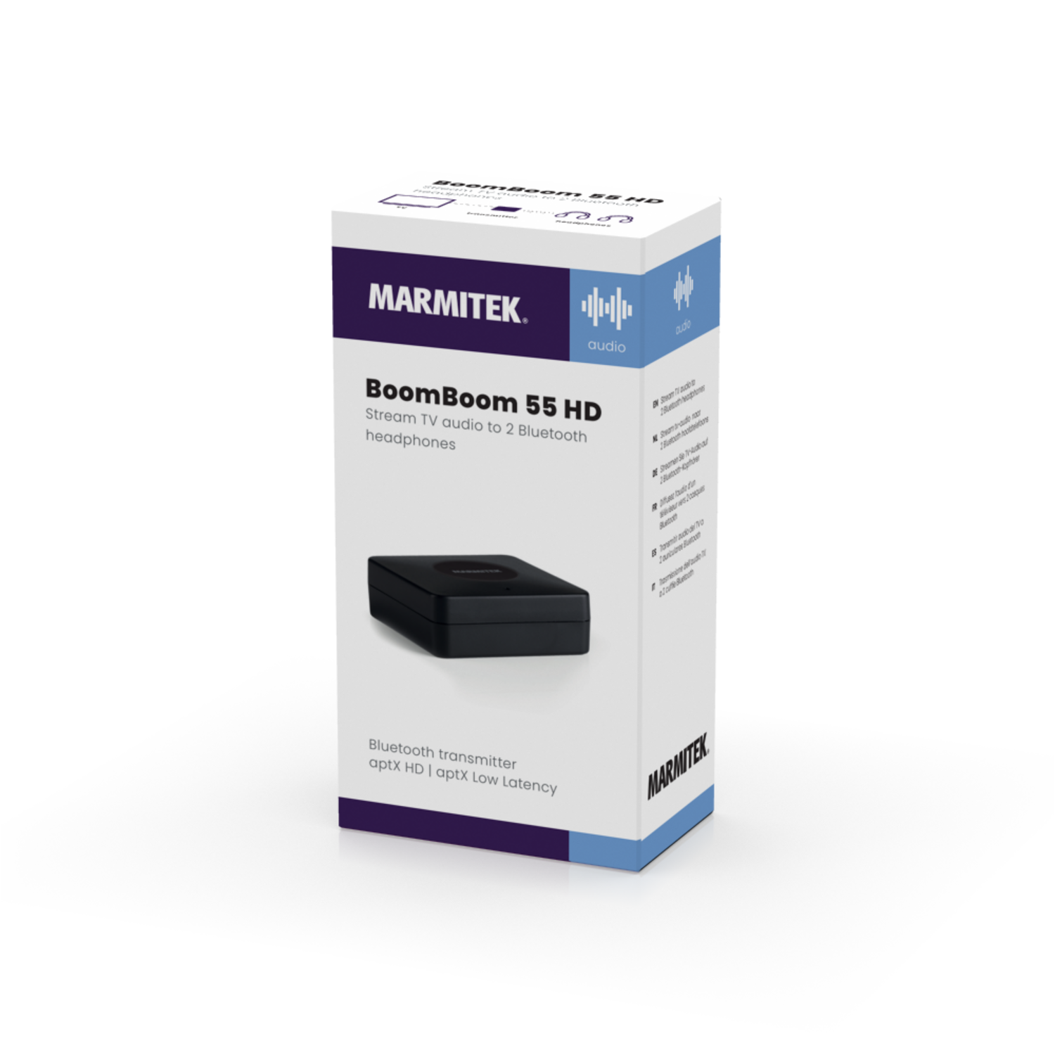 Doos met tekst 'BoomBoom 55 HD' en een zwart apparaat. Audio-icoon is zichtbaar.