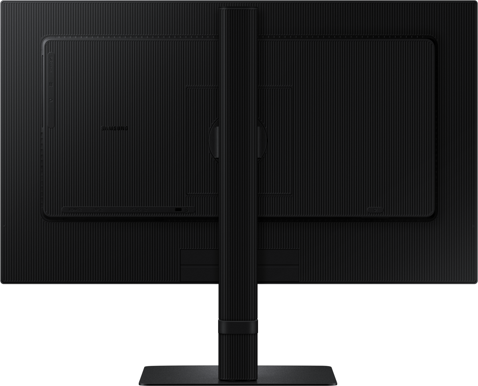 Vue arrière d'un moniteur Samsung noir. Le moniteur a un support et plusieurs ports.