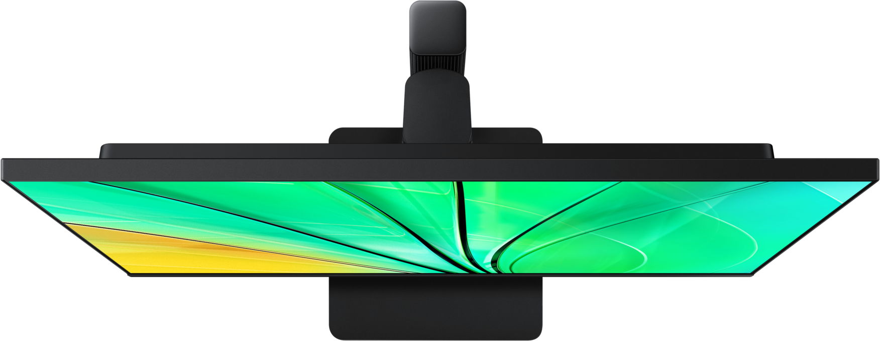 Vue de dessus d'un moniteur noir, écran vert et jaune.