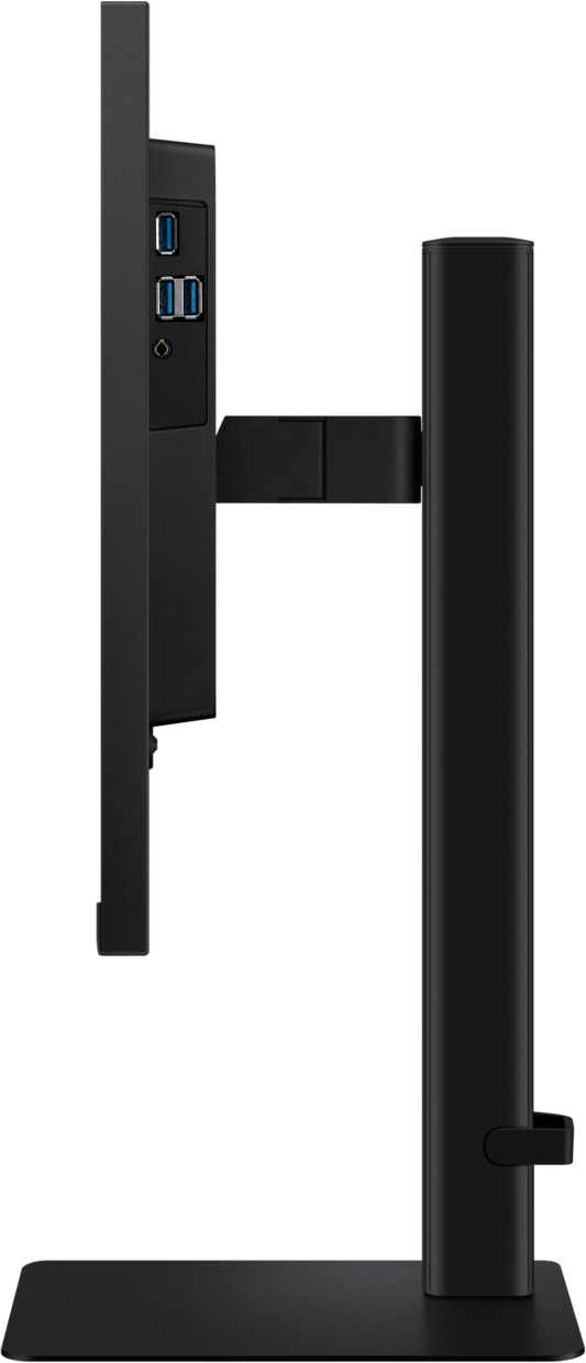 Moniteur noir, vue latérale, avec ports USB et pied.