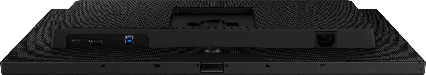 L'arrière d'un moniteur noir avec des ports et une entrée d'alimentation. Le moniteur est sur une surface noire.
