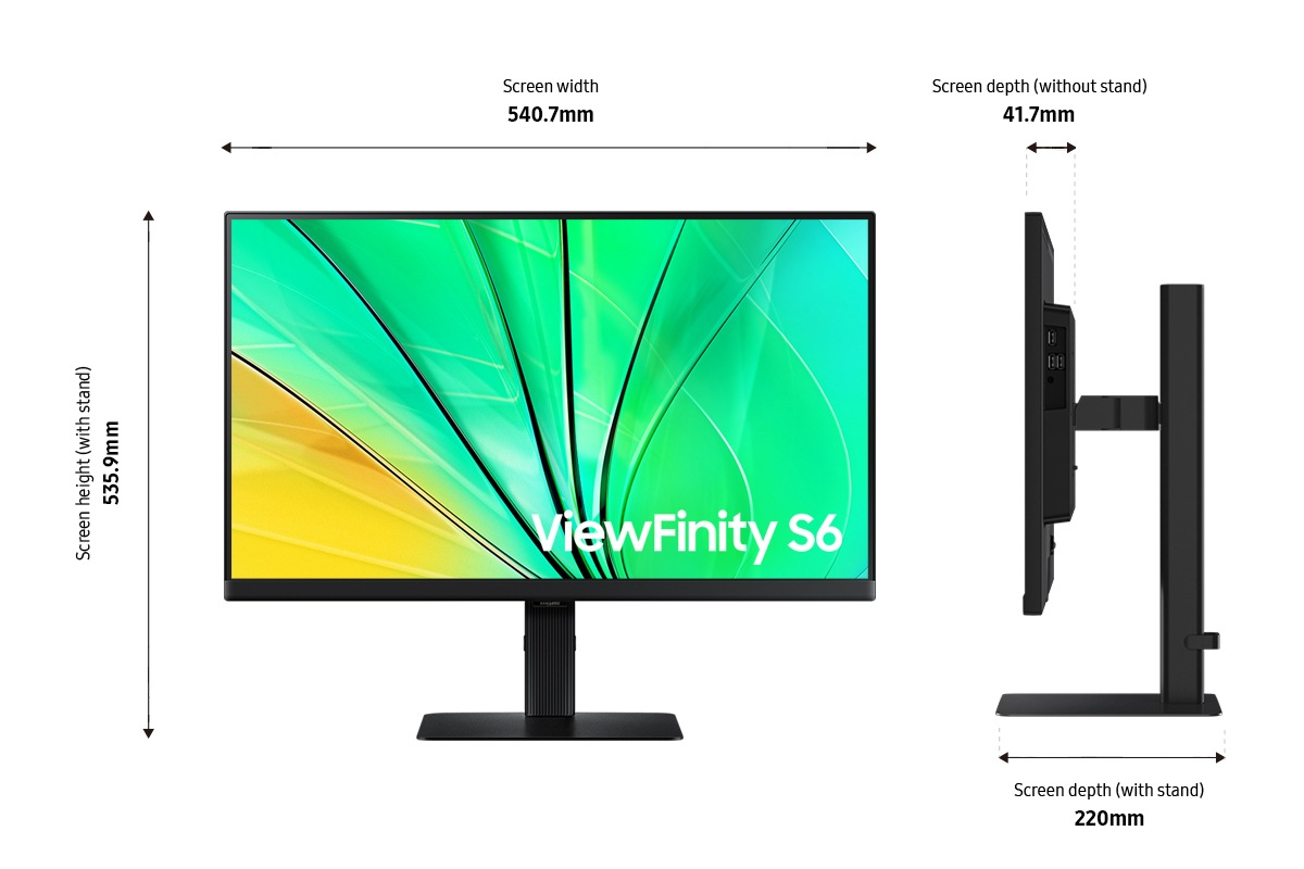 Moniteur ViewFinity S6. Caractéristiques des dimensions de l'écran et profil latéral avec mesures du support.