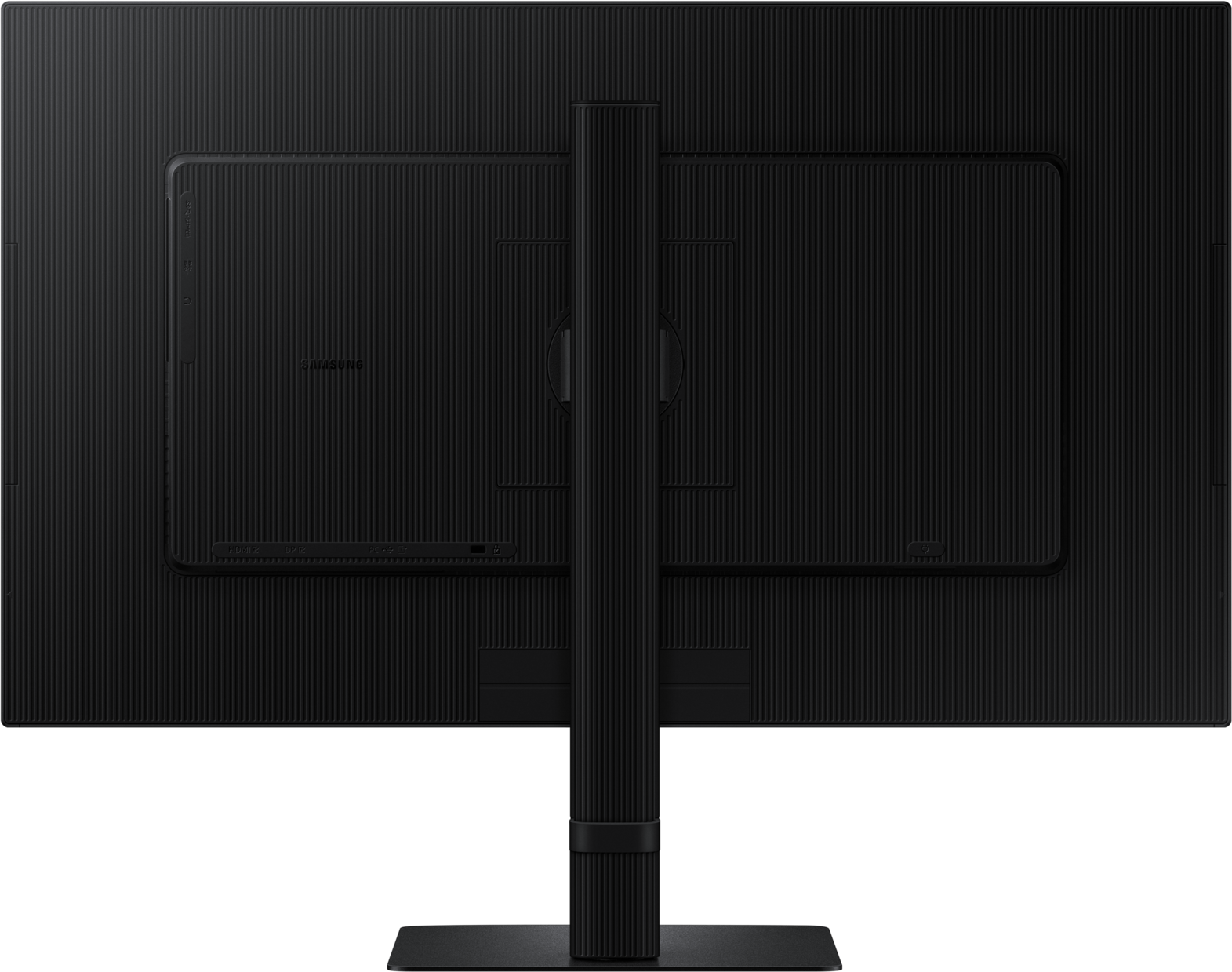 Arrière d'un moniteur noir. Il a un support et le logo Samsung. L'arrière a un design nervuré.