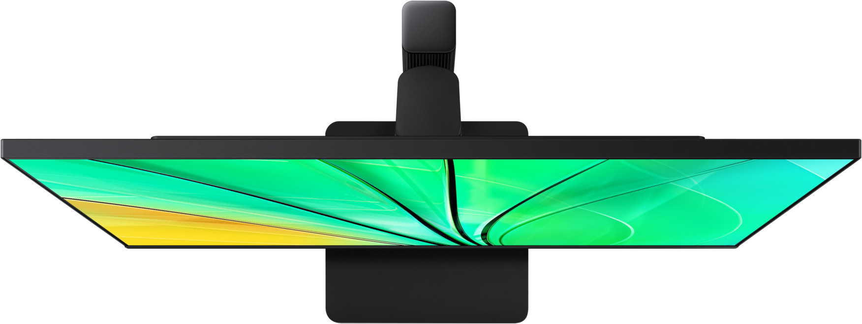 Vue de dessus d'un écran d'ordinateur noir. Design vert et jaune sur l'écran.