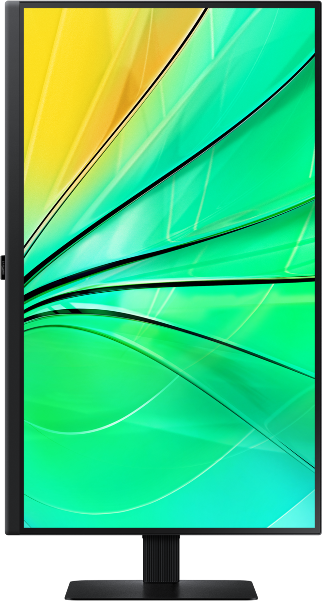 Un grand moniteur noir avec un design abstrait vert et jaune vif sur l'écran.
