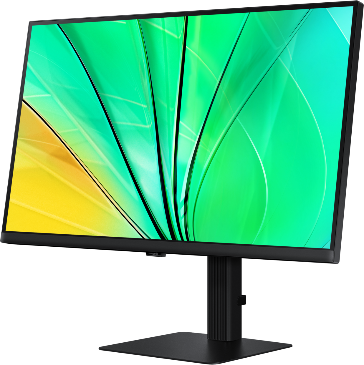 Moniteur noir avec écran vert et jaune, vue en angle. Support et fond noirs.