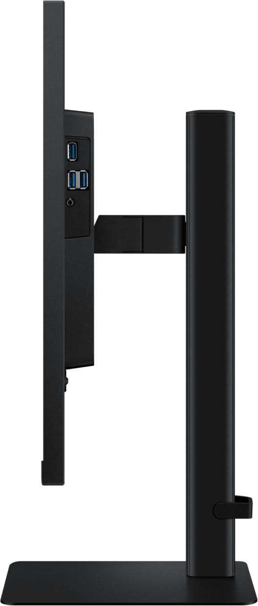 Moniteur d'ordinateur noir de côté, montrant les ports, le support et un design élégant et moderne.