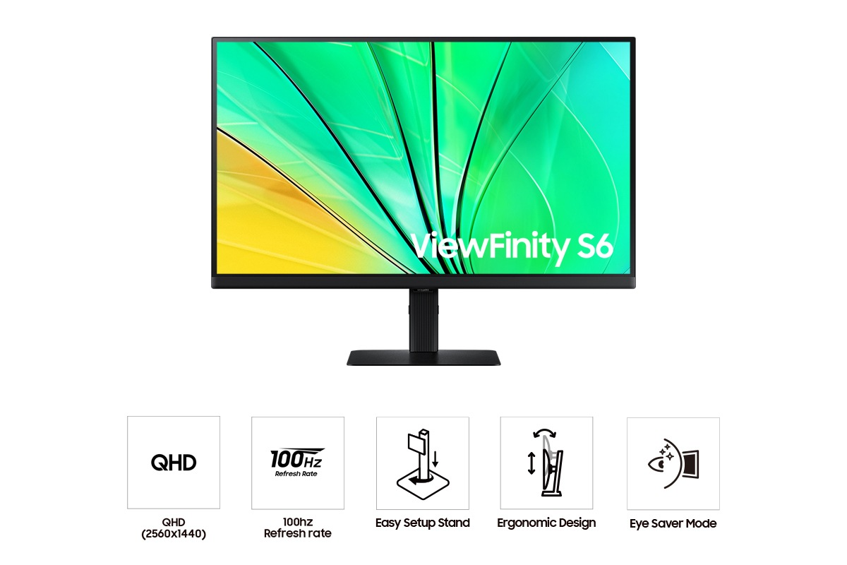 Moniteur avec graphique vert et blanc. Pied noir et icônes : QHD, 100Hz, pied, design ergonomique, mode économie d'yeux.