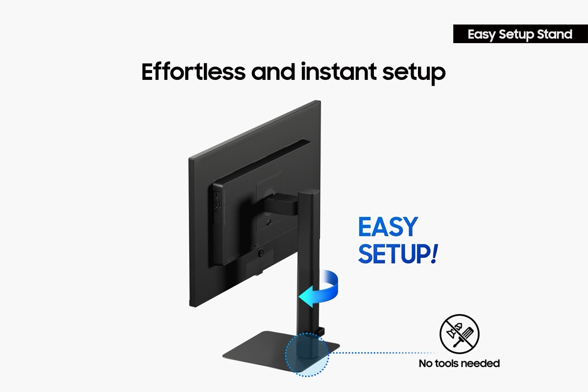 Un moniteur noir avec support est en cours de configuration. Le texte dit 'Configuration facile et instantanée'. Aucun outil nécessaire.
