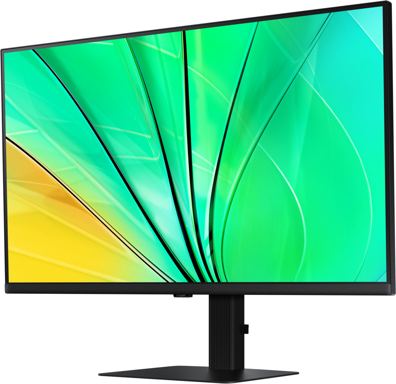 Un moniteur noir avec un écran vert et jaune, pied noir, sur une surface noire.