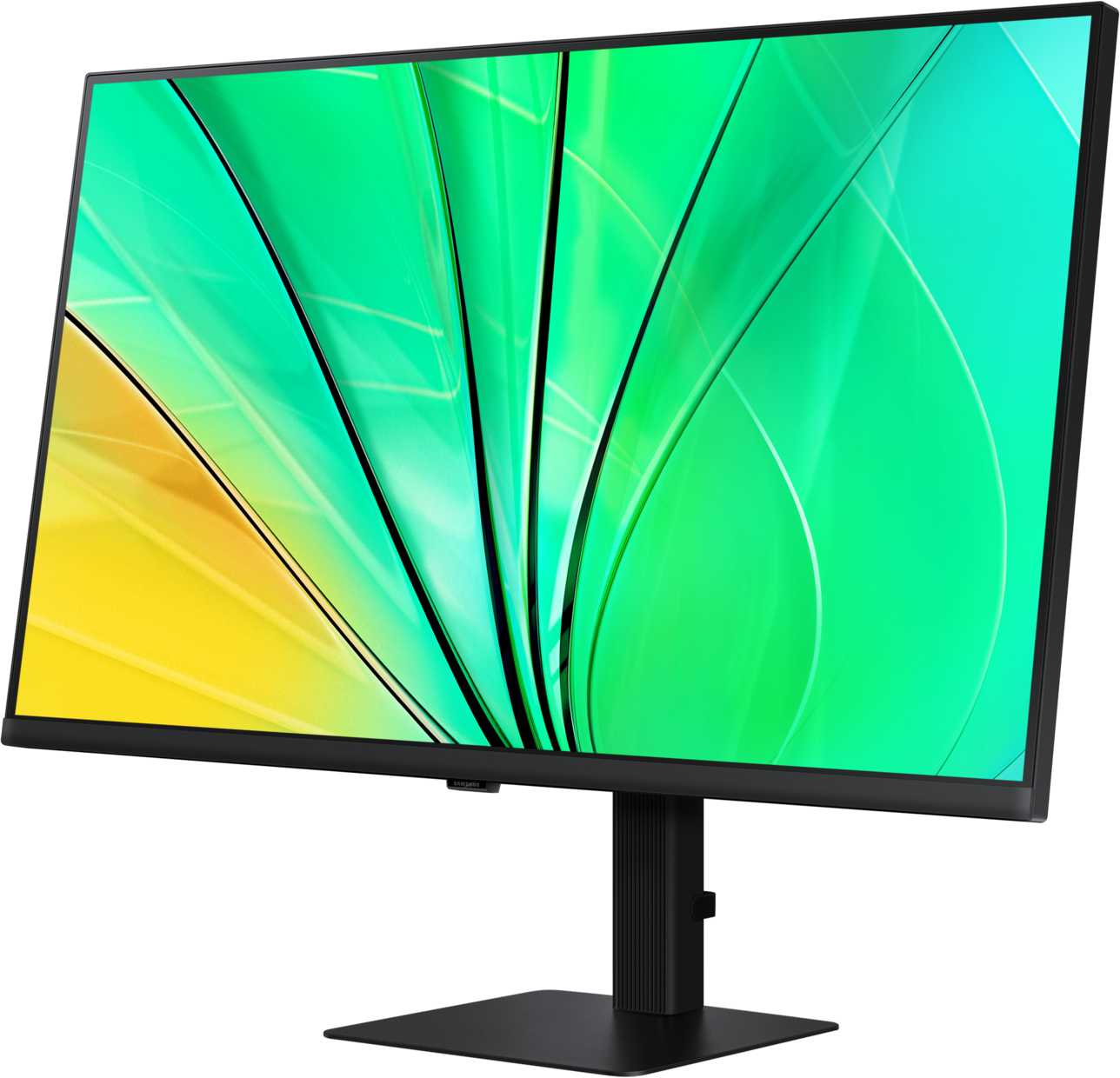 Moniteur noir avec un design vert et jaune à l'écran.