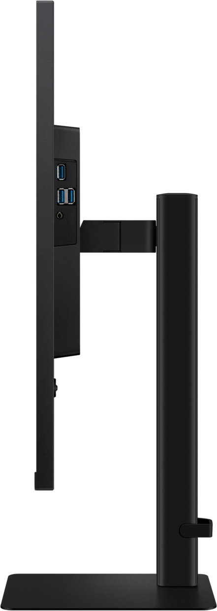 Vue latérale d'un moniteur noir, montrant les ports, le support et le fond noir.