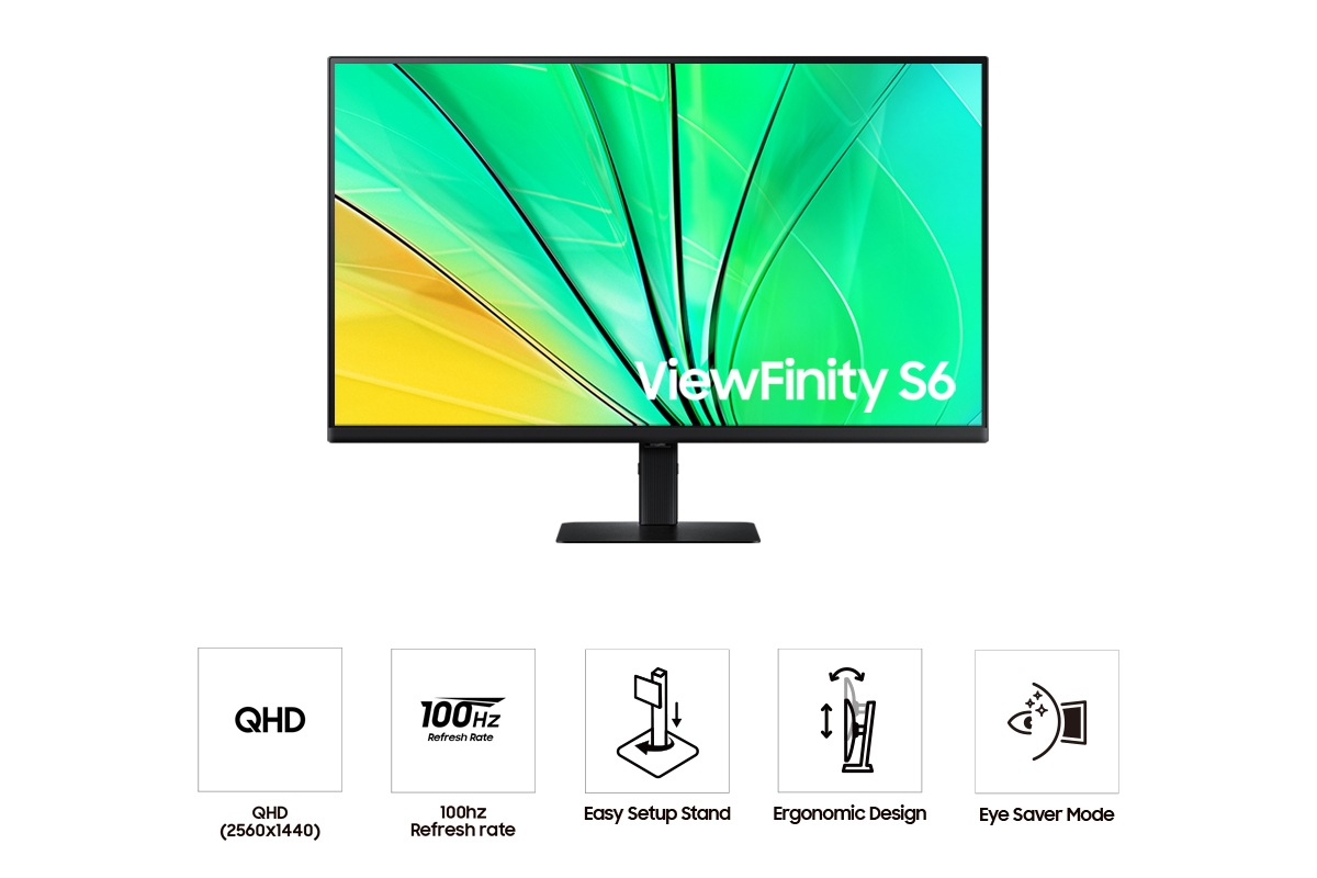 Un moniteur Samsung avec un affichage vert et blanc. En dessous, des icônes pour QHD, 100Hz, configuration facile, design ergonomique et Eye Saver.