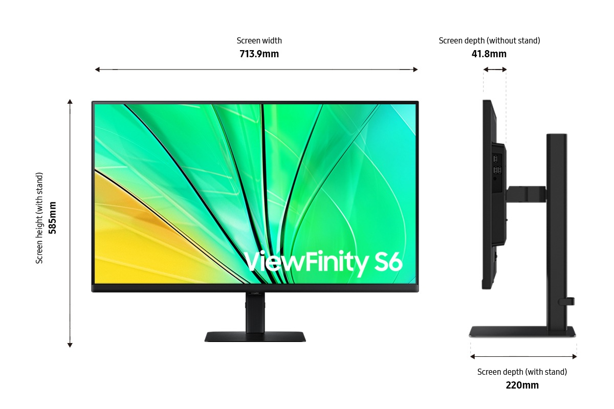 Moniteur ViewFinity S6, dimensions indiquées : largeur, hauteur et profondeur de l'écran avec et sans pied.
