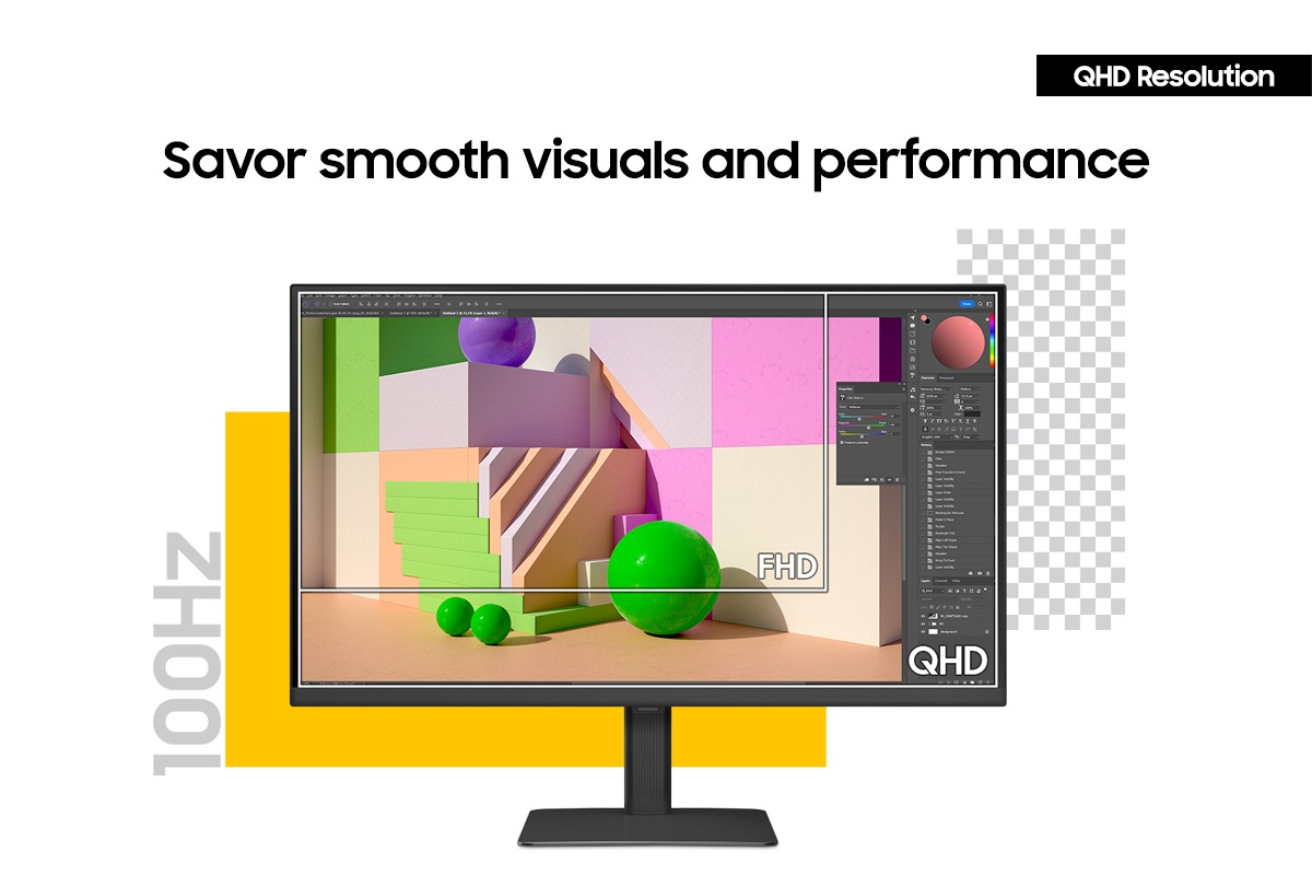 Moniteur affichant une image en résolution QHD, logiciel de conception. Inclut le texte '100Hz' et 'QHD Resolution'.