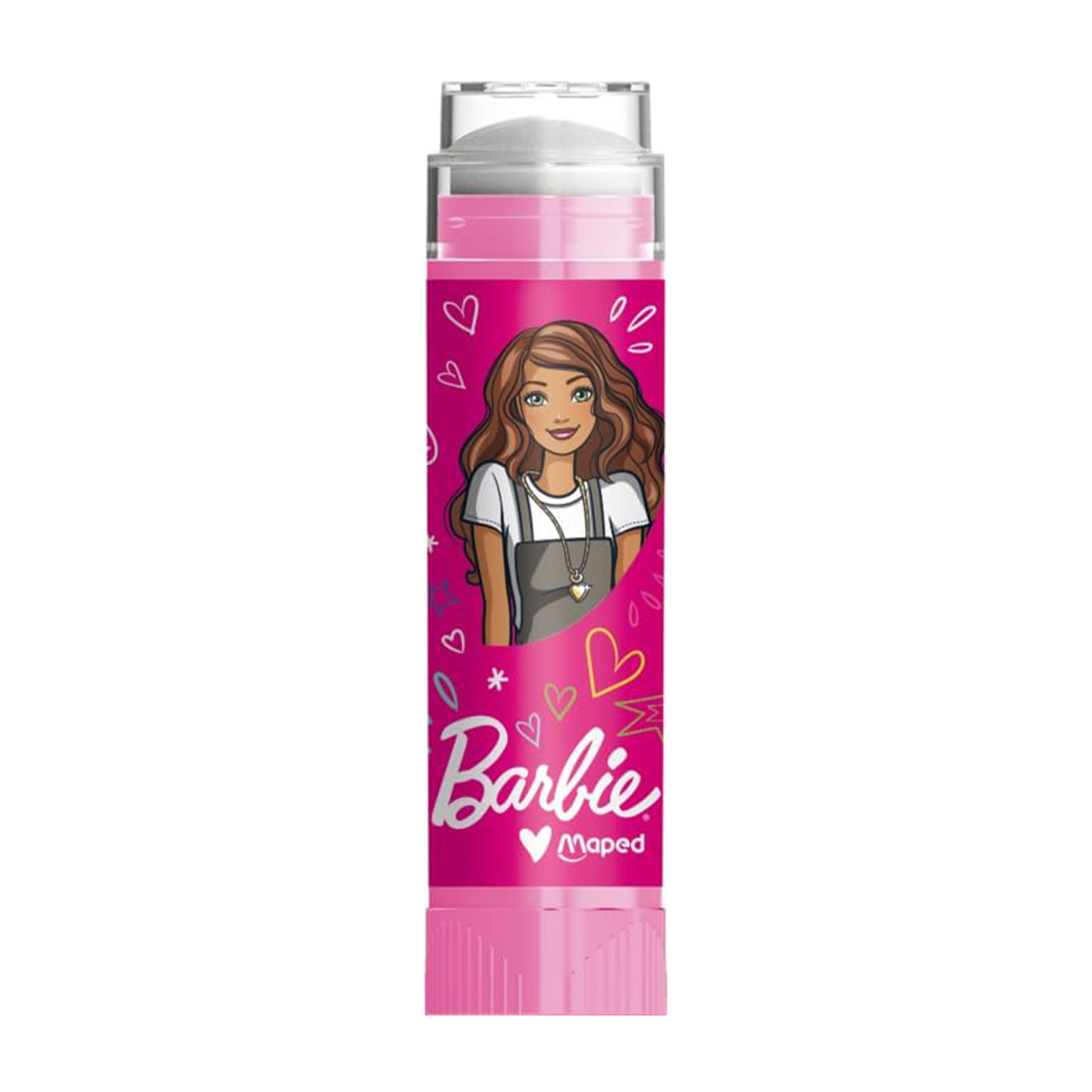 Stick di colla rosa a marchio Barbie con illustrazione di Barbie.