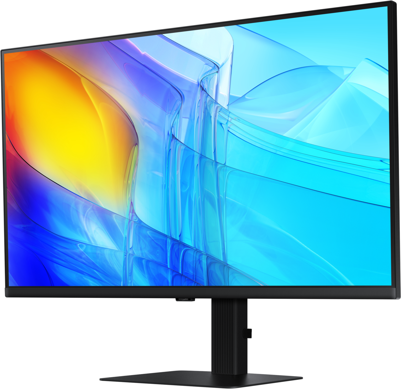 Un moniteur noir avec un écran incurvé affichant une image colorée abstraite.
