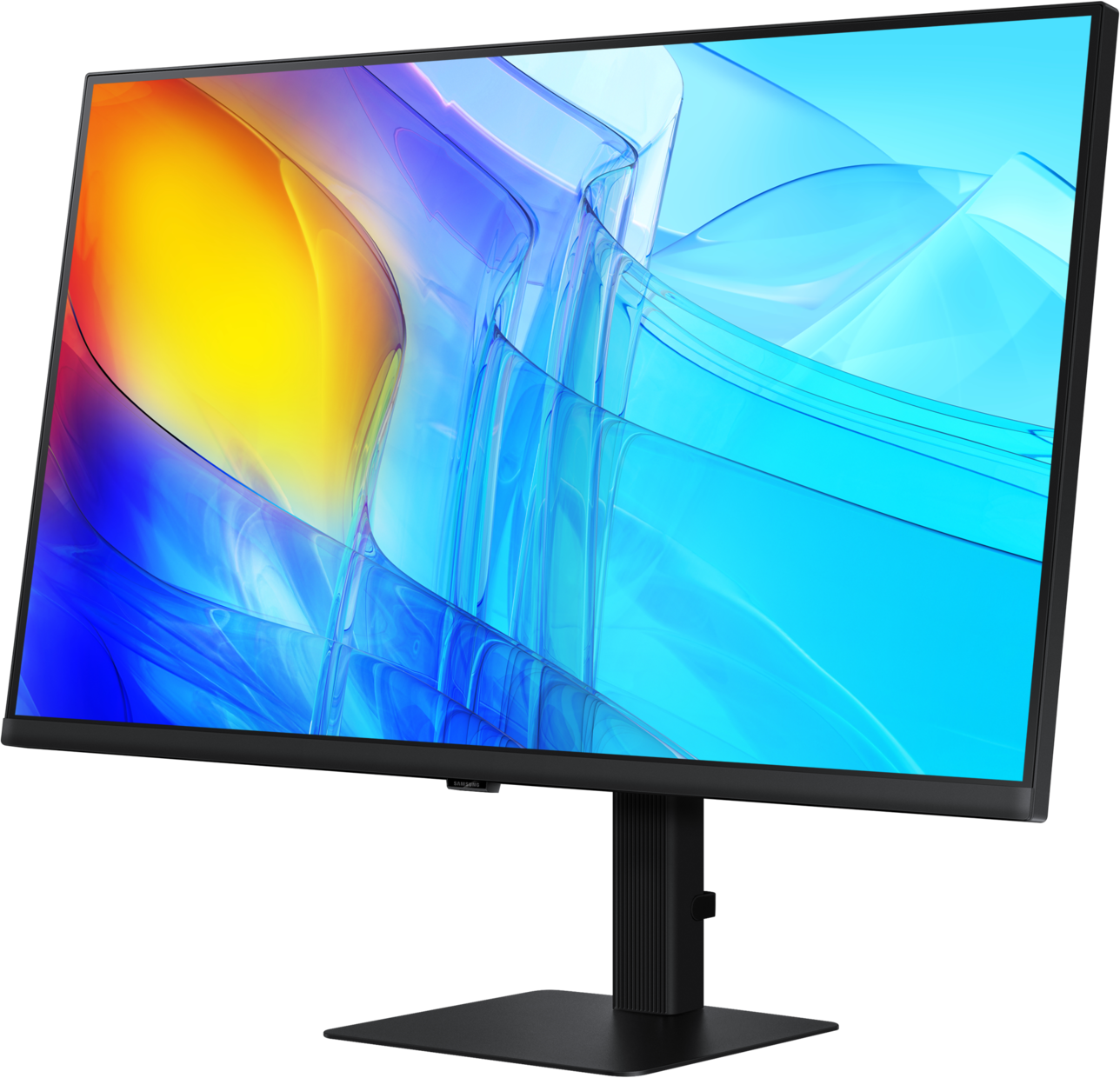 Un grand moniteur d'ordinateur noir avec un fond abstrait coloré.