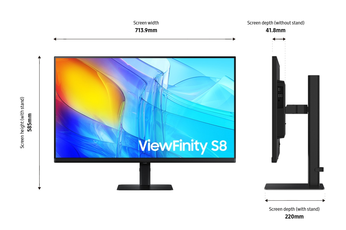 Un fond blanc avec un moniteur et ses mesures. Le moniteur est noir et porte les mots "ViewFinity S8".