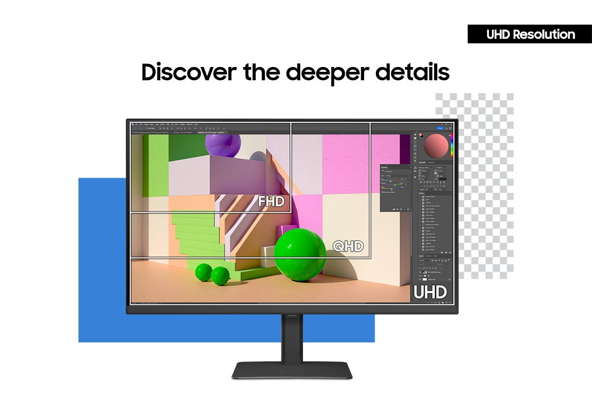 Un moniteur d'ordinateur avec un support noir affichant différentes résolutions.