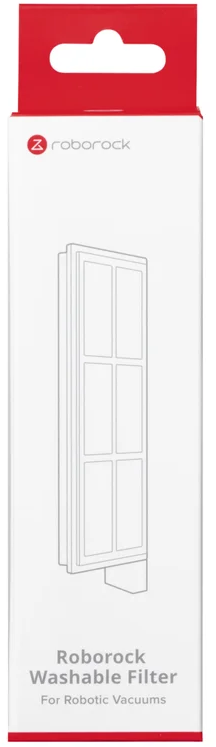 Boîte de filtre Roborock. Boîte blanche avec dessus rouge. Contient un schéma de filtre.
