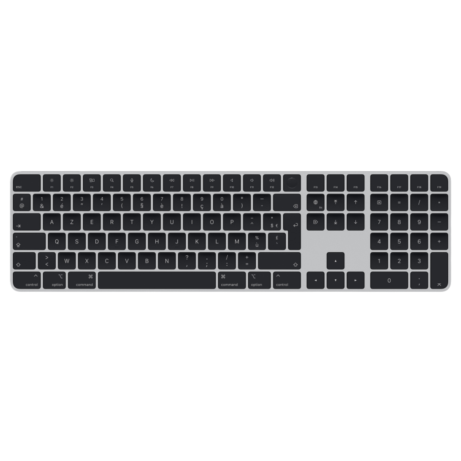 Een zilveren en zwarte Apple Magic Keyboard met witte toetsen en een zwarte achtergrond.