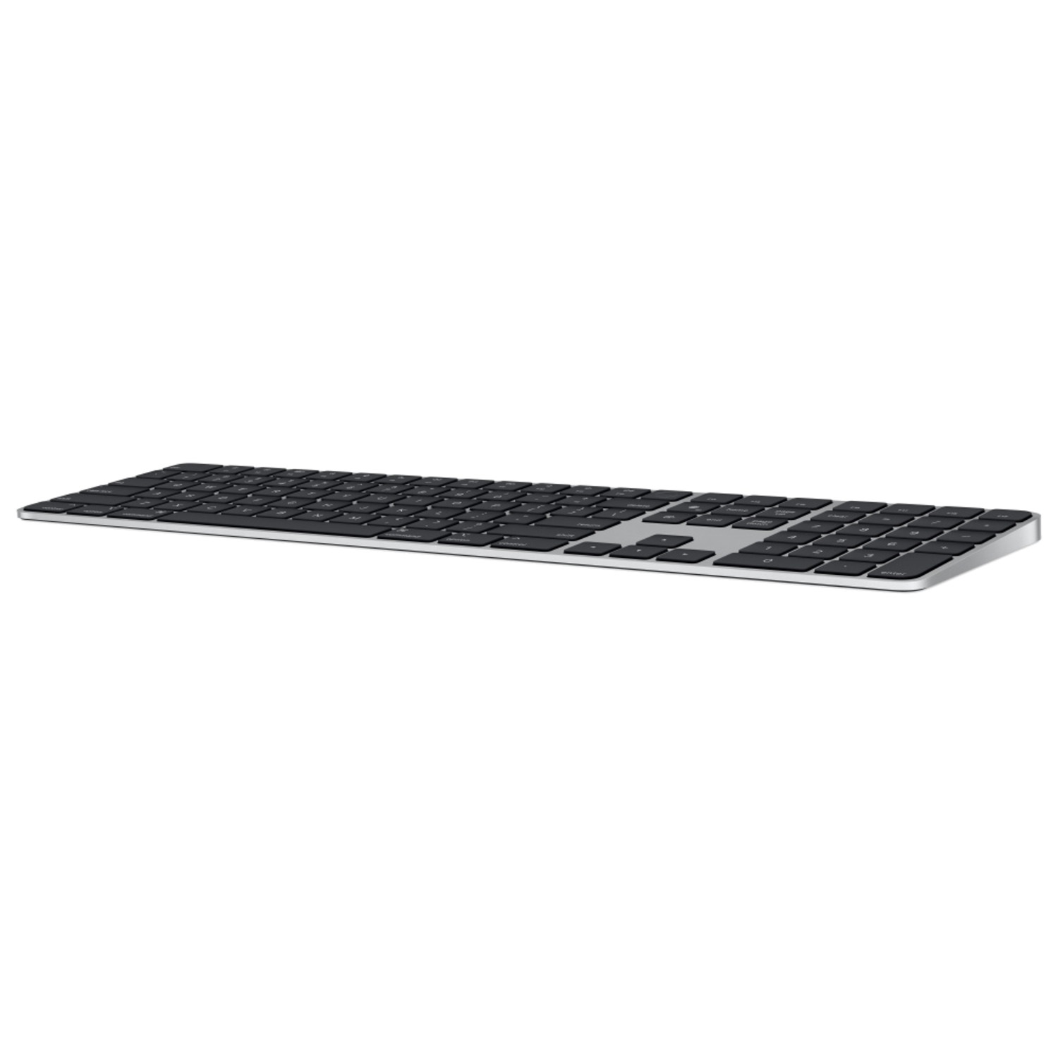 Een zilverkleurig Apple-toetsenbord, onder een hoek bekeken, op een witte achtergrond. Het toetsenbord is rechthoekig en strak.