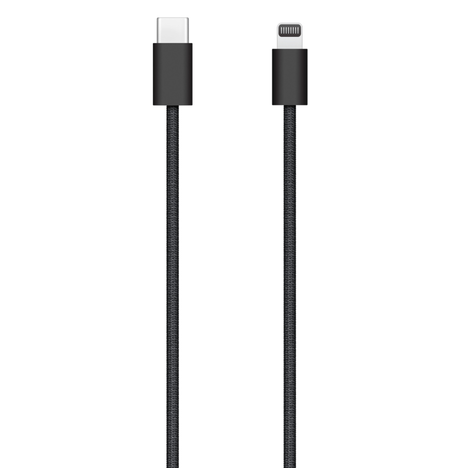 Zwarte USB-C naar Lightning-kabel, witte achtergrond.